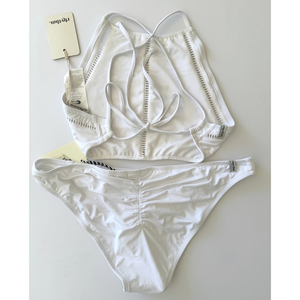 NWT Rhythm White High Neck Halter Hipster Cutout Bottom Size Large Coastal Boho - Picture 2 of 16